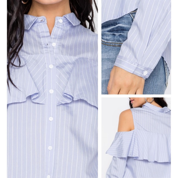 Light Blue Striped Cold Shoulder Ruffle Shirt Top - Picture 6 of 7